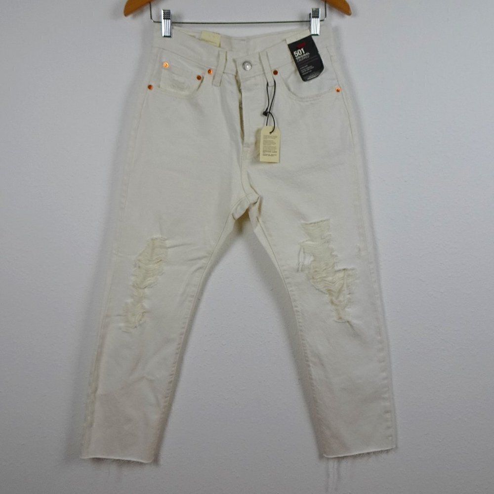 Levi's 501 Cropped Jeans Women's 27x26 White Denim Distressed Button Fly